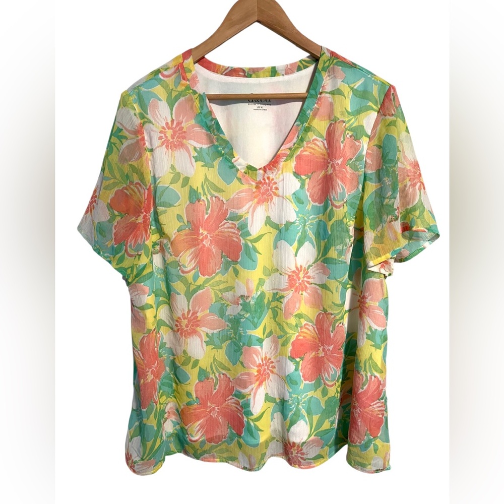 Denim & Co Women's Sheer Floral Layered Lined VNeck Blouse Size XL Short Sleeve